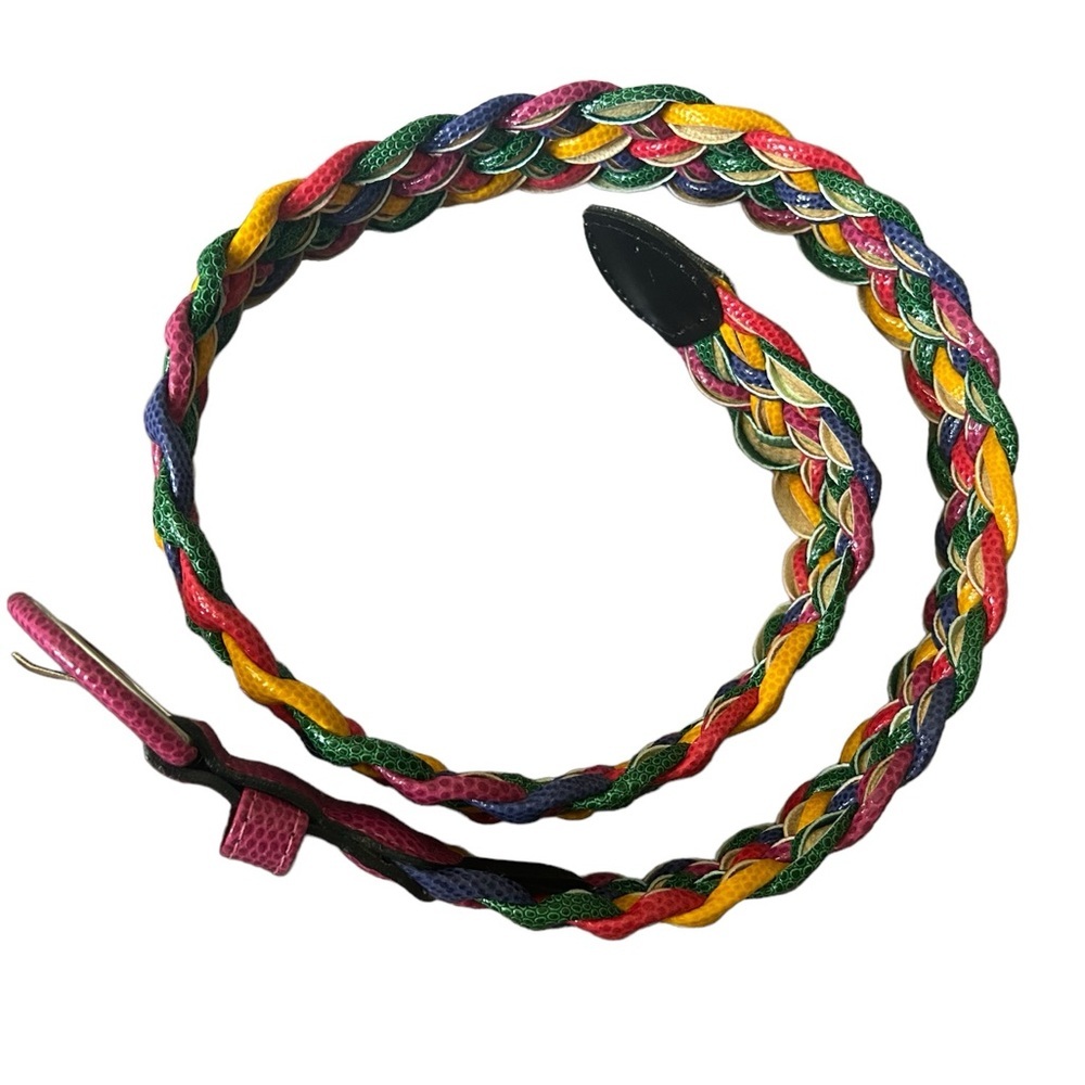 🌈1990s Vintage Express Rainbow Croc Embossed Leather Braided Belt - Picture 3 of 5